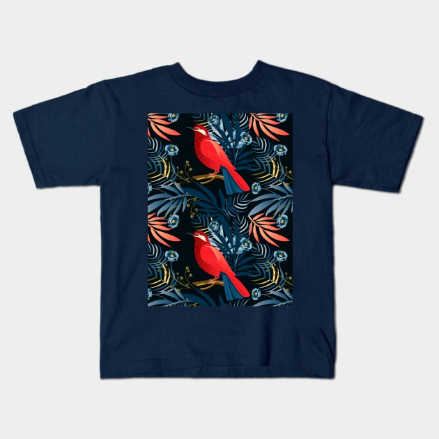 Boho Chic decorative tropical flowers and exotic red bird, Navy Blue floral Art trendy design Christmas Birthday Holiday Decoration Vintage Home Decor, clothes, greeting card, gifts idea Kids T-Shirt by sofiartmedia